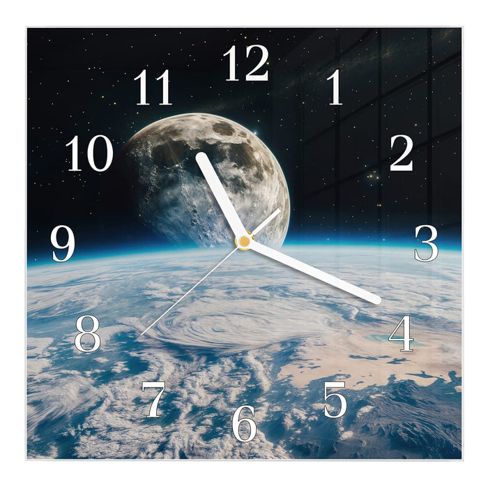 Wanduhr Mondüberblick aus Glas – Quadratisch 30 × 30 cm mit Ziffernblatt Klassisch