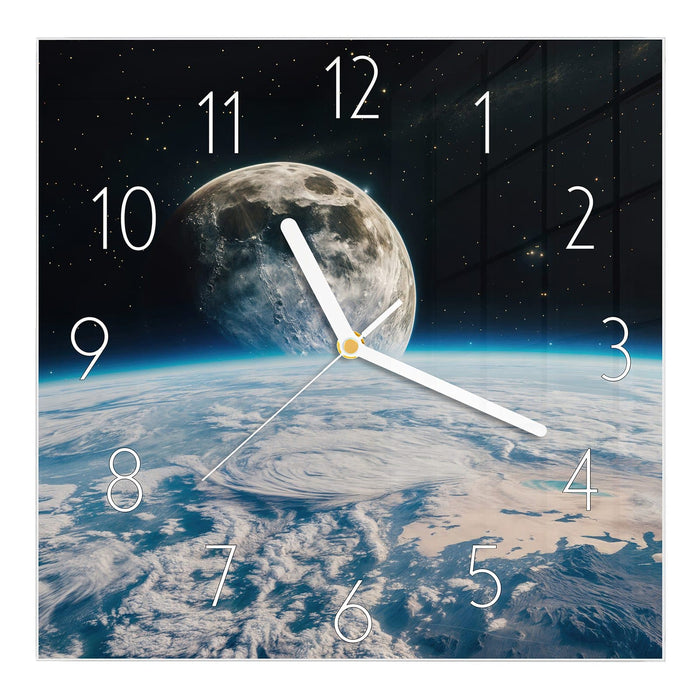Wanduhr Mondüberblick aus Glas – Quadratisch 30 × 30 cm mit Ziffernblatt Elegant