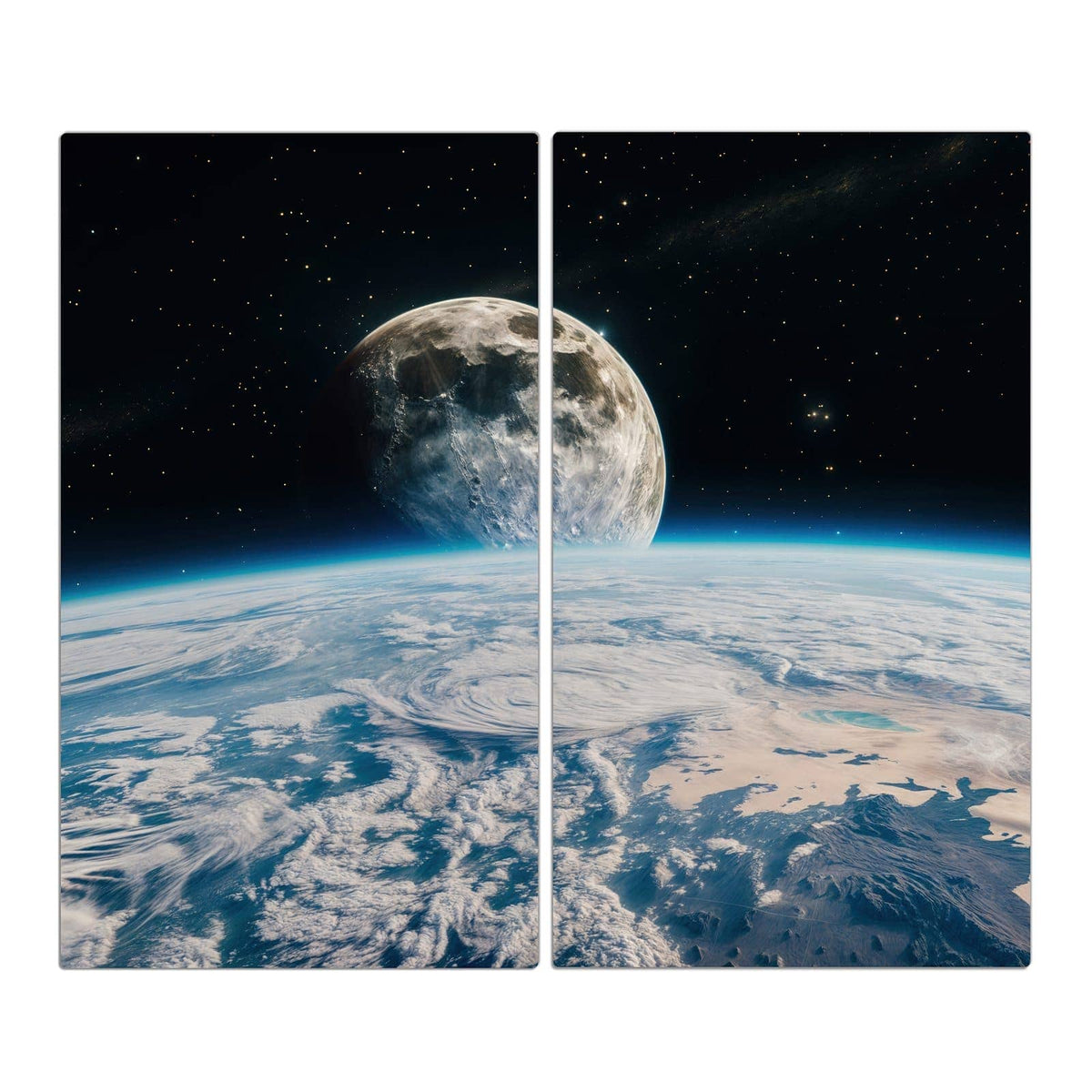 Großer Mond über dem Horizont der bewölkten blauen Erde, Sternenfeld dahinter