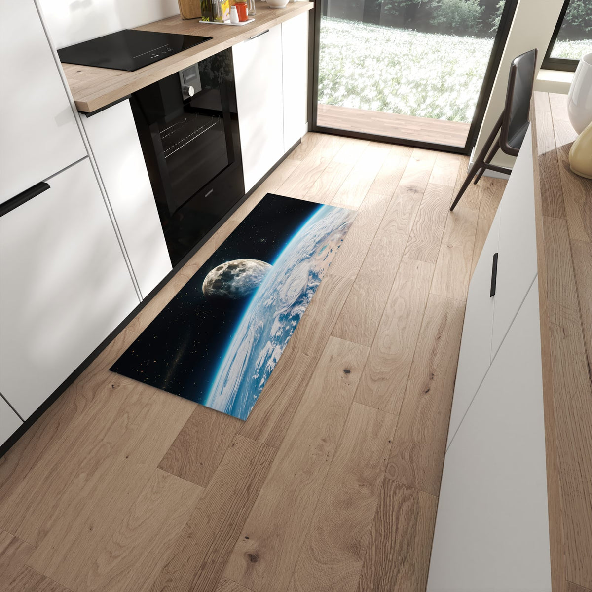Abriebfester rutschfester Küchenteppich mit Motiv Mondüberblick in moderner Küche #grösse_60 x 150 cm