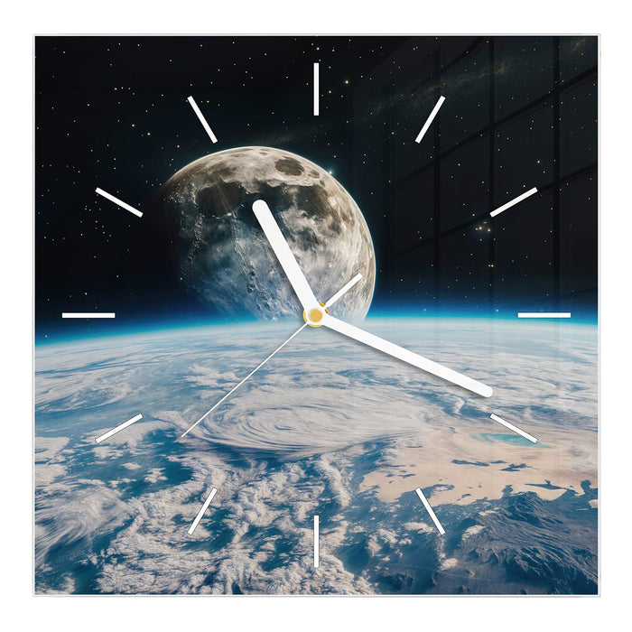 Wanduhr Mondüberblick aus Glas – Quadratisch 30 × 30 cm mit Ziffernblatt Linie