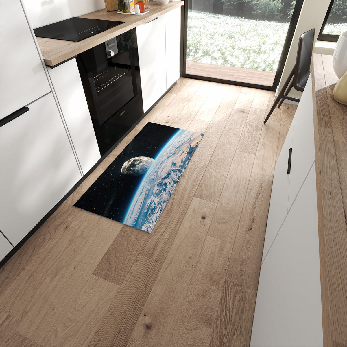 Geräuschdämpfender Teppich für Esstisch mit Motiv Mondüberblick in moderner Küche #grösse_60 x 120 cm