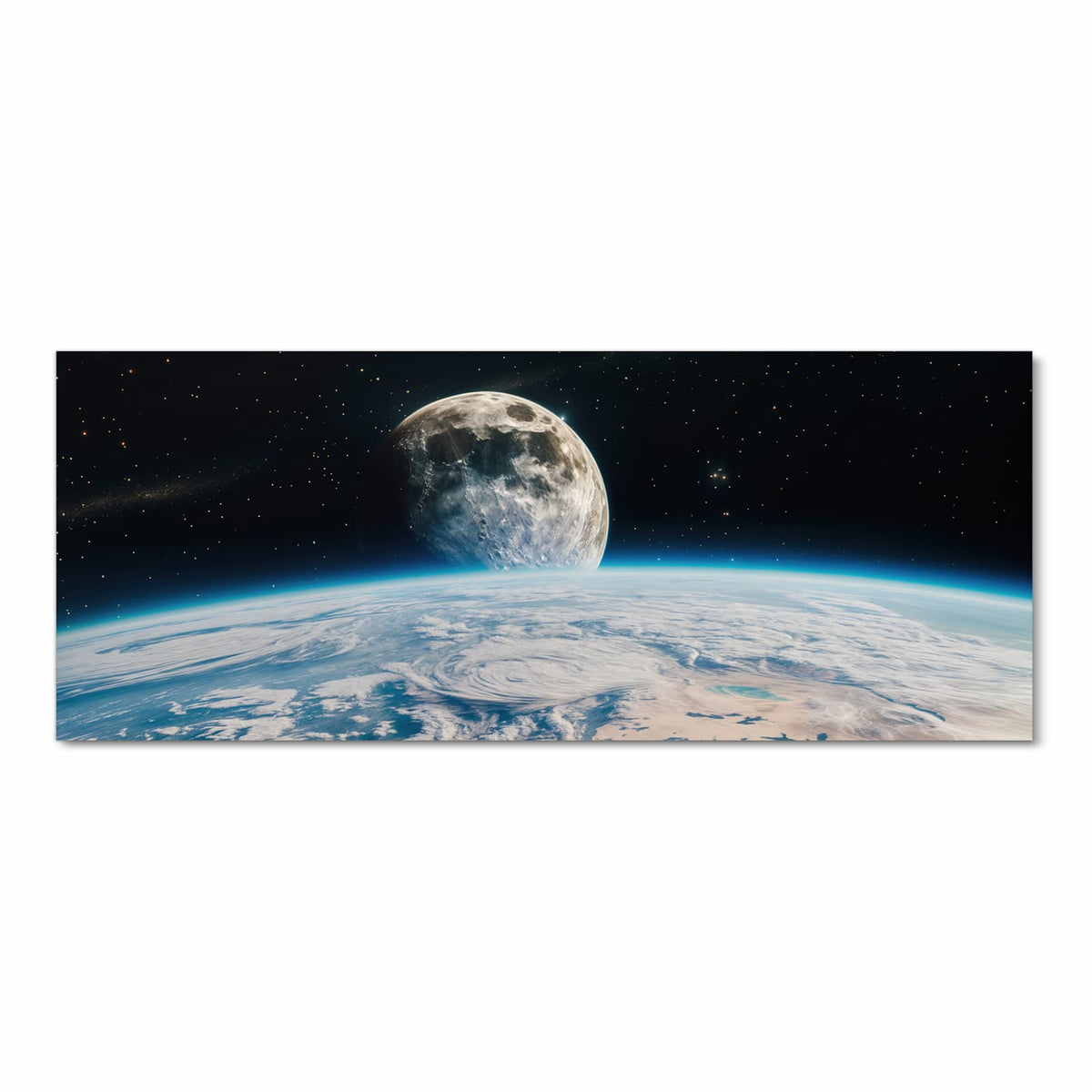 Großer Mond über dem Horizont der bewölkten blauen Erde, Sternenfeld dahinter