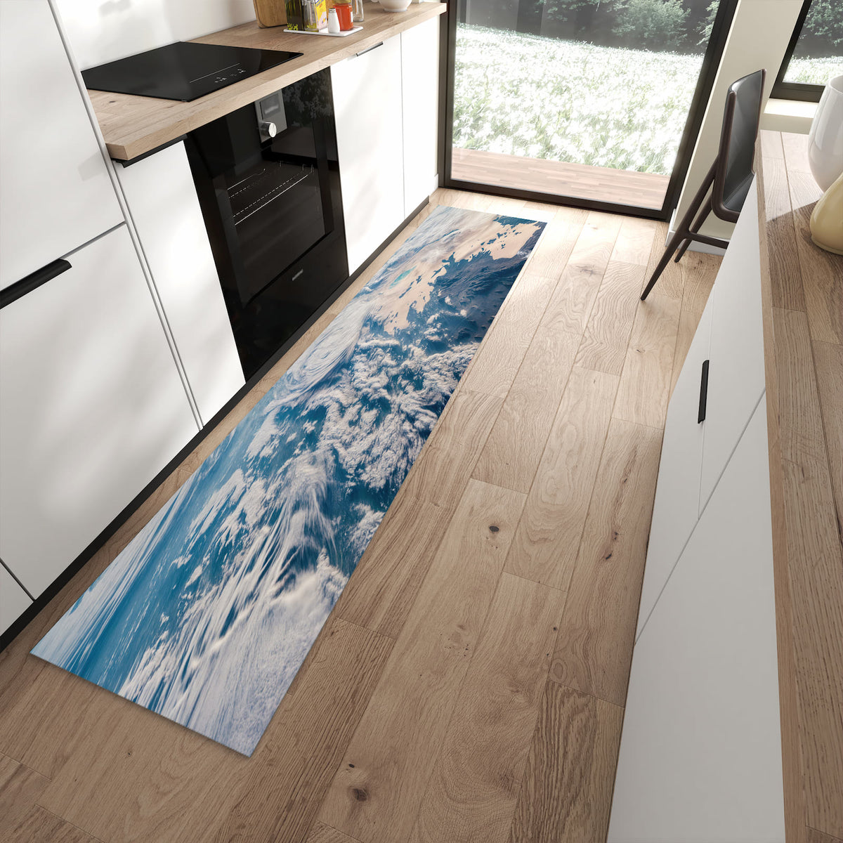 Wasserabweisender Küchenteppich mit Motiv Mondüberblick in moderner Küche