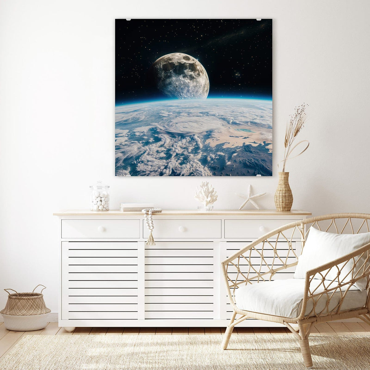 Echtglas, 4 mm – kein Acryl, keine Folie – Wandbild - Mond über der Erde - Quadratisch