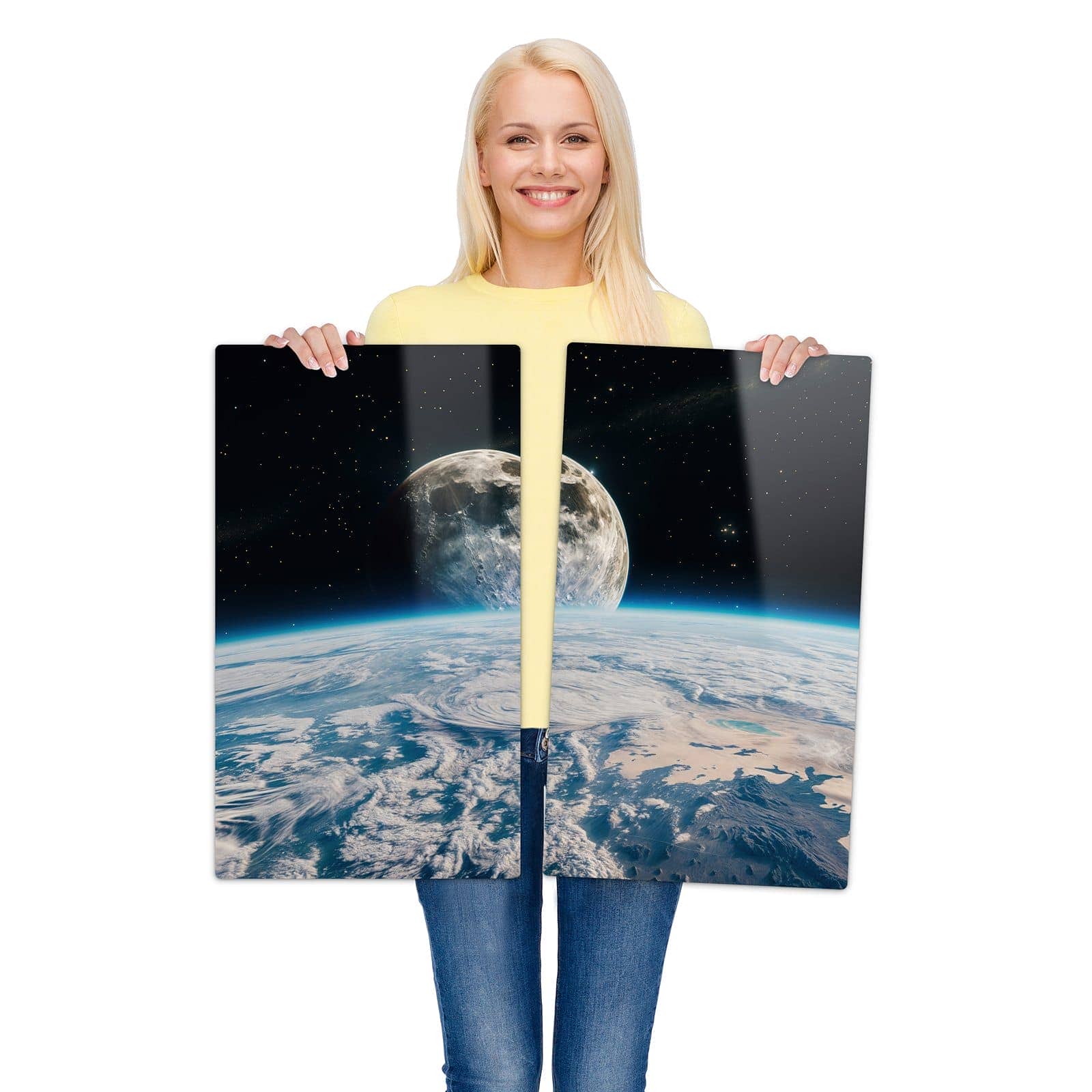 2-teilige Ceranfeldabdeckungen mit Mondüberblick-Motiv werden zur Größendarstellung gehalten