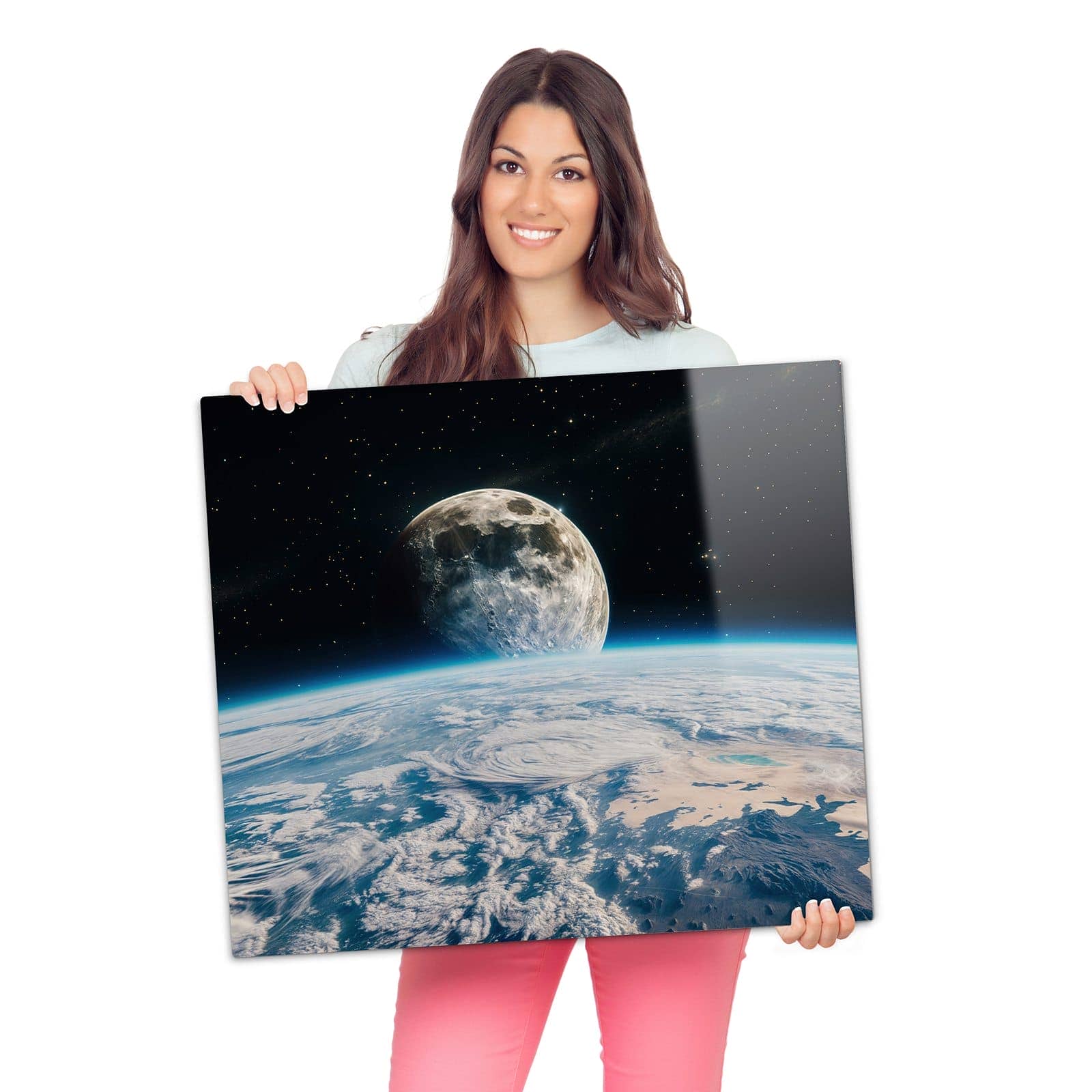 1-teilige Glasplatte für Herd mit Mondüberblick-Motiv wird zur Größendarstellung gehalten