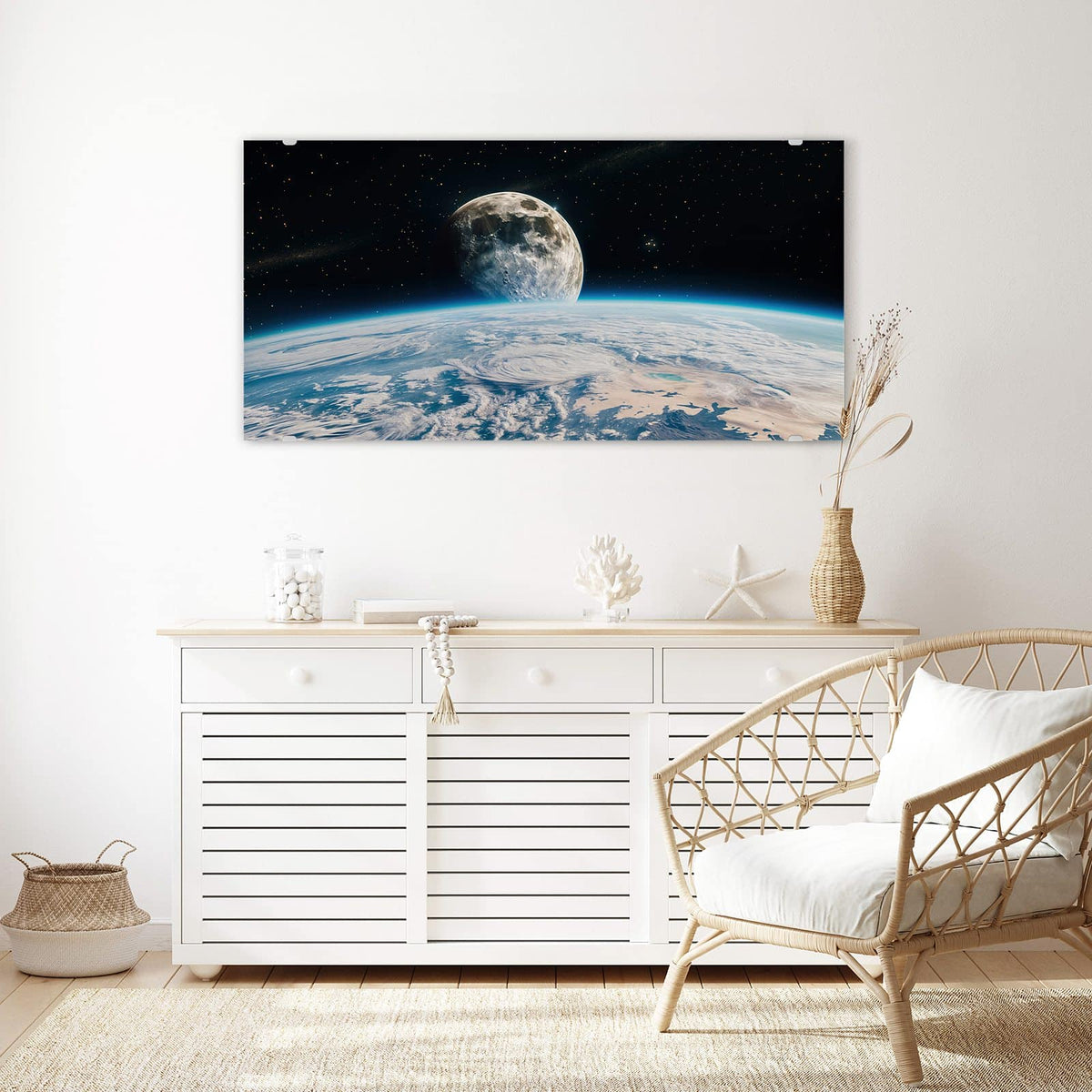 Echtglas, 4 mm – kein Acryl, keine Folie – Wandbild - Mond über der Erde - Querformat