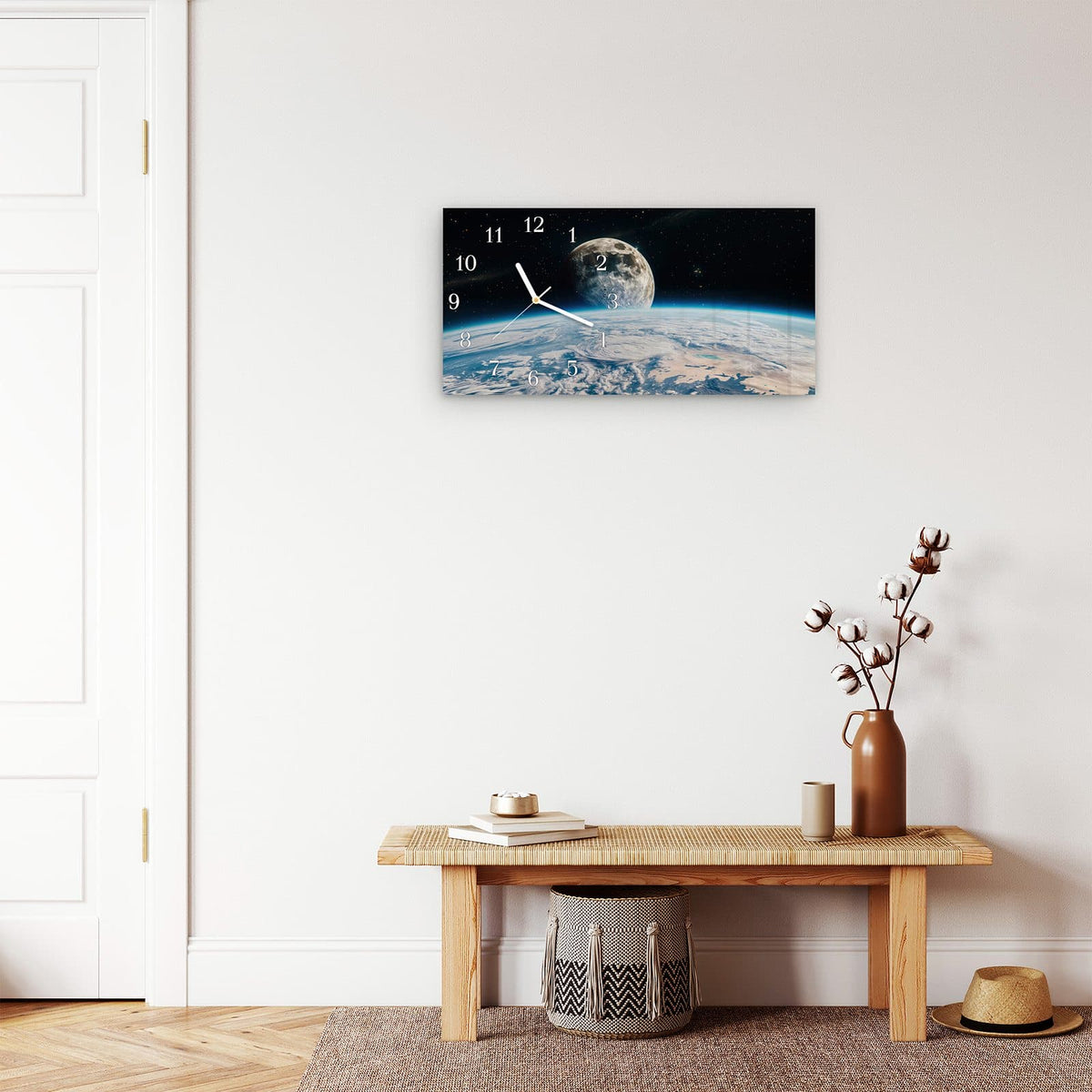 Moderne Wanduhr aus Glas mit Farbtiefe – Wanduhr Mondüberblick aus Glas – Querformat 60 × 30 cm
