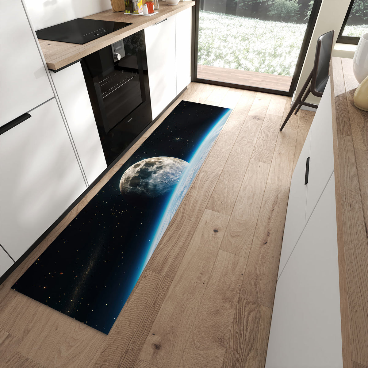 Komfortabler Bodenläufer-Teppich mit Motiv Mondüberblick in moderner Küche