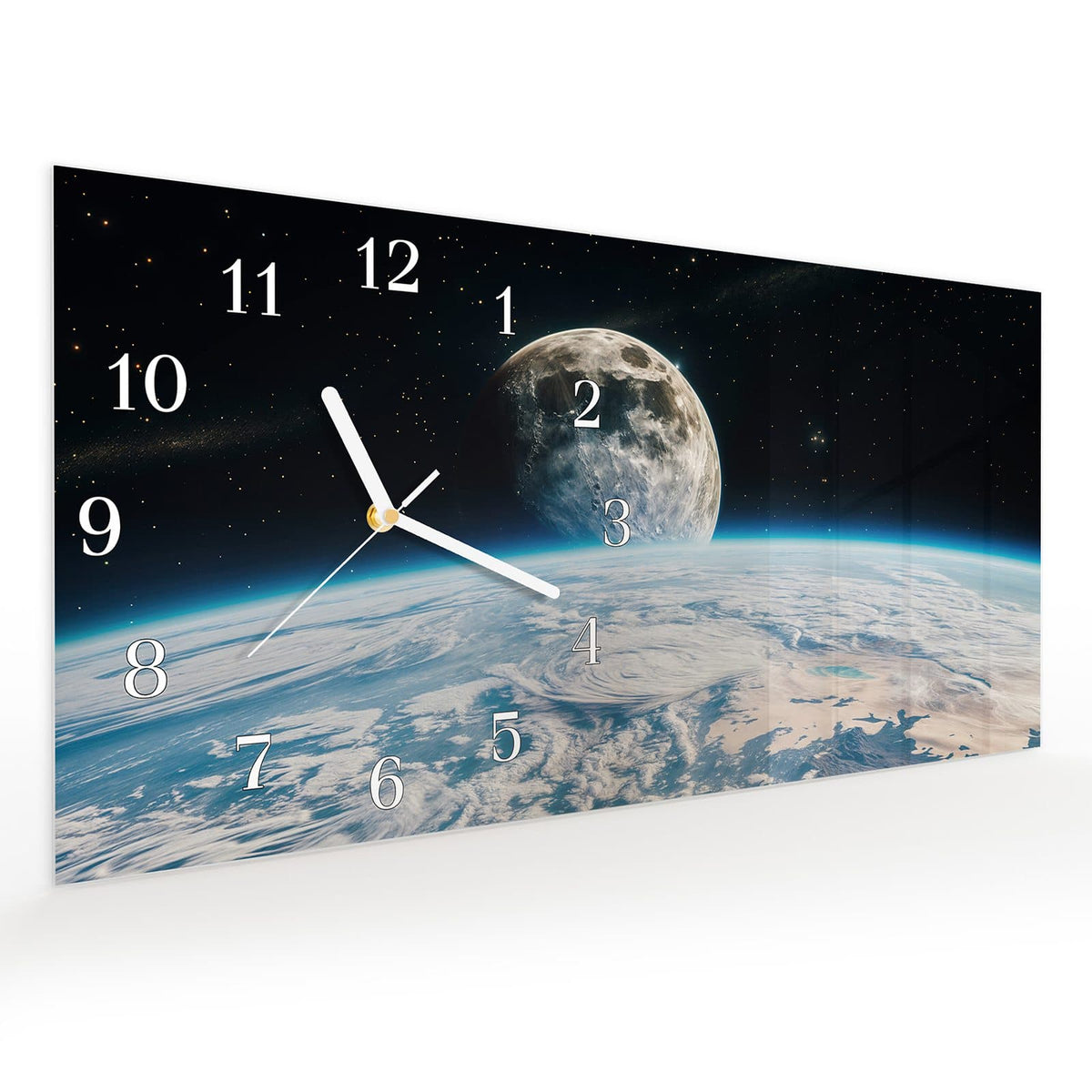 Vormontiert – mit Schwebeeffekt – Wanduhr Mondüberblick aus Glas – Querformat 60 × 30 cm