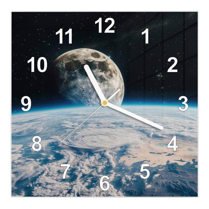 Wanduhr Mondüberblick aus Glas – Quadratisch 30 × 30 cm mit Ziffernblatt Modern