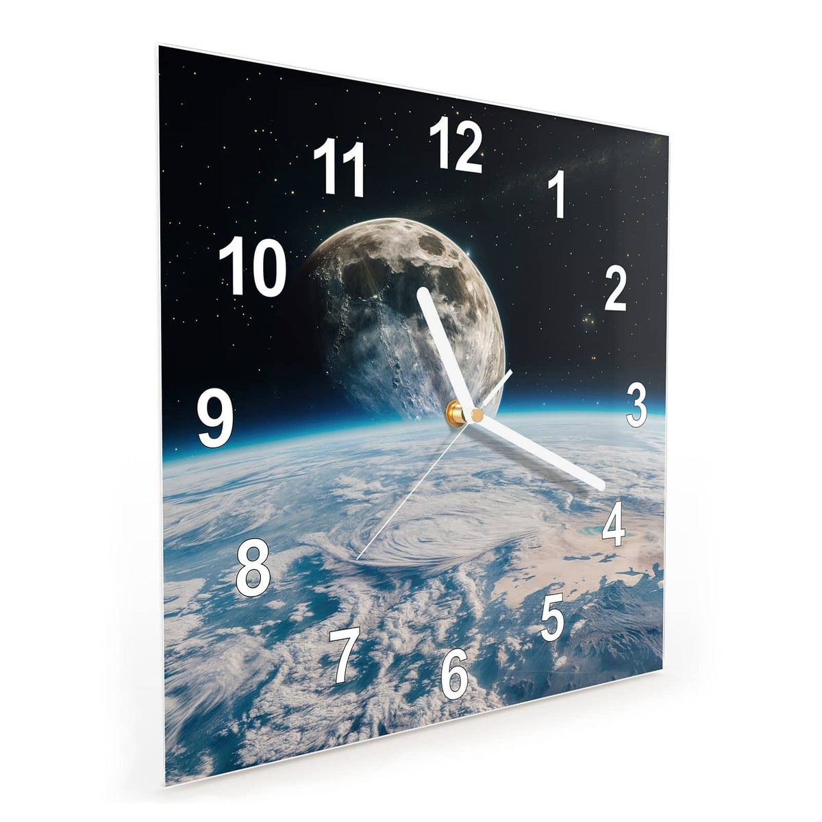 Vormontiert – mit Schwebeeffekt – Wanduhr Mondüberblick aus Glas – Quadratisch 30 × 30 cm