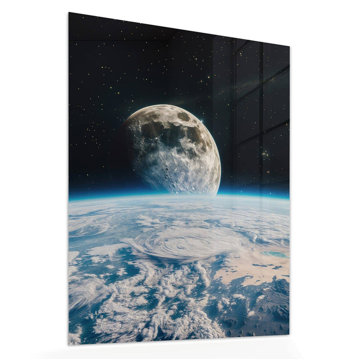 Echtglas, 4 mm – kein Acryl, keine Folie – Wandbild - Mond über der Erde - Hochformat