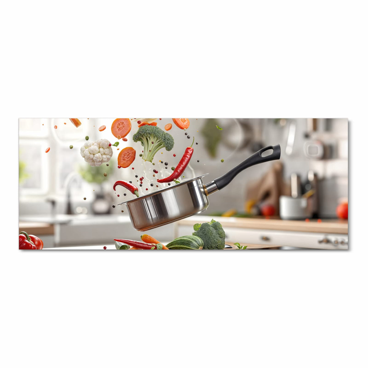 Bodenschonender Teppich fürs Esszimmer mit Motiv Kochen Mit Gemüse in Frontansicht, waschbar