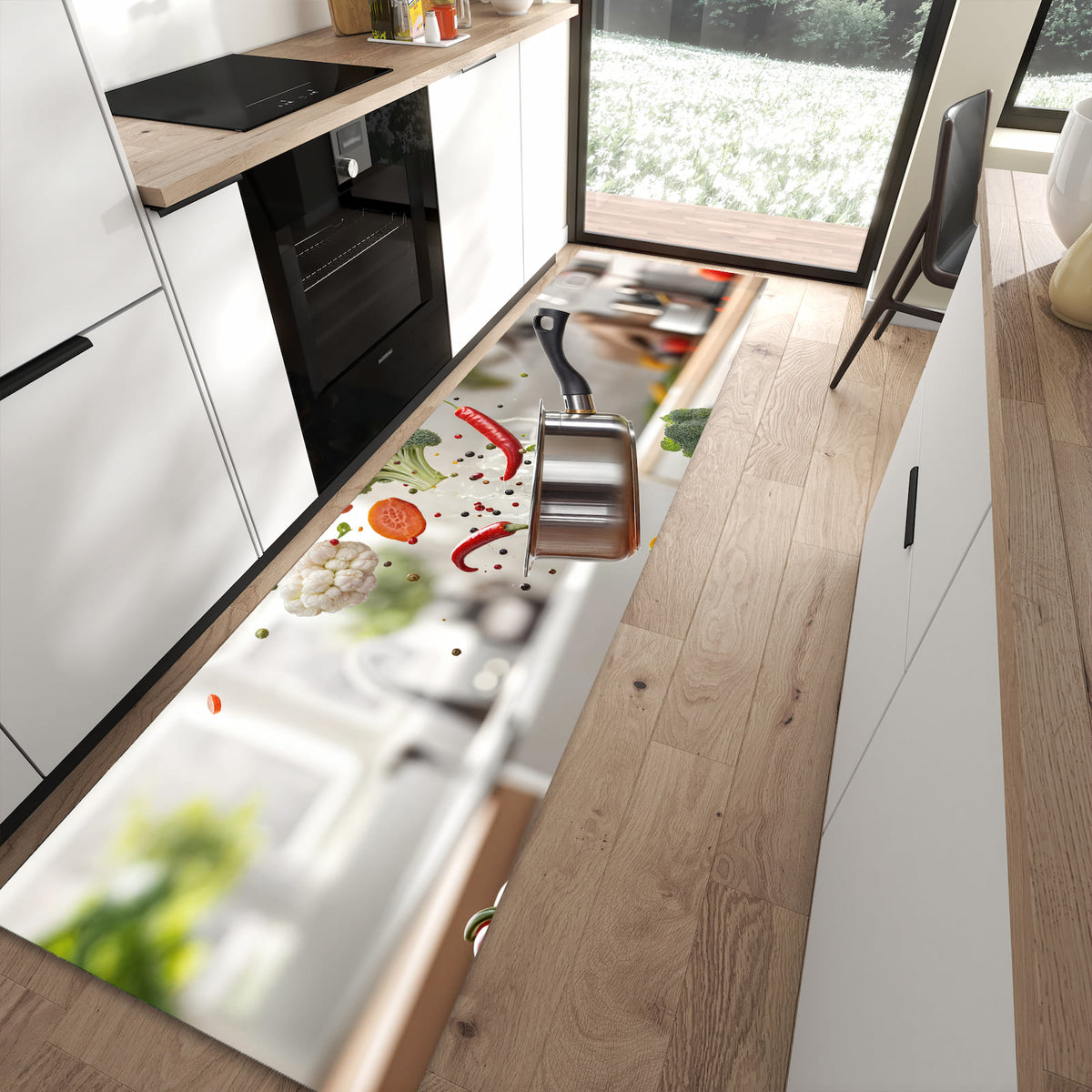 Formstabiler rutschfester Küchenteppich mit Motiv Kochen Mit Gemüse in moderner Küche