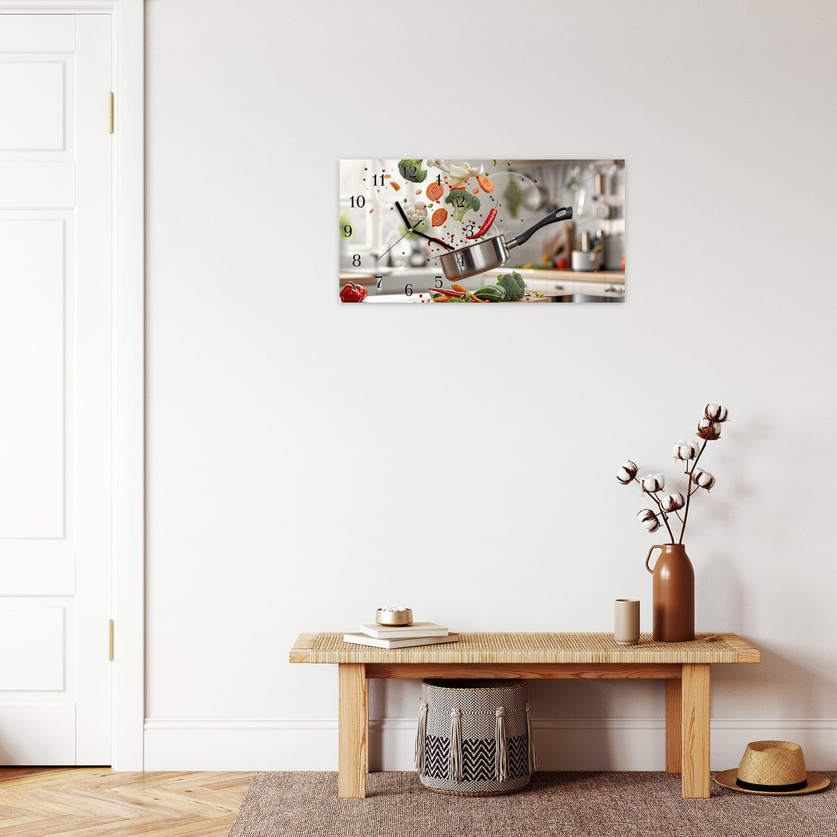 Moderne Wanduhr aus Glas mit Farbtiefe – Wanduhr Kochen Mit Gemüse aus Glas – Querformat 60 × 30 cm