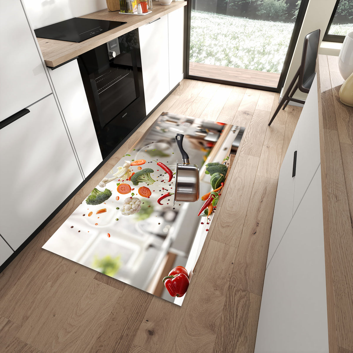 Waschbarer Küchenteppich mit Motiv Kochen Mit Gemüse in moderner Küche für sichere Aufbewahrung