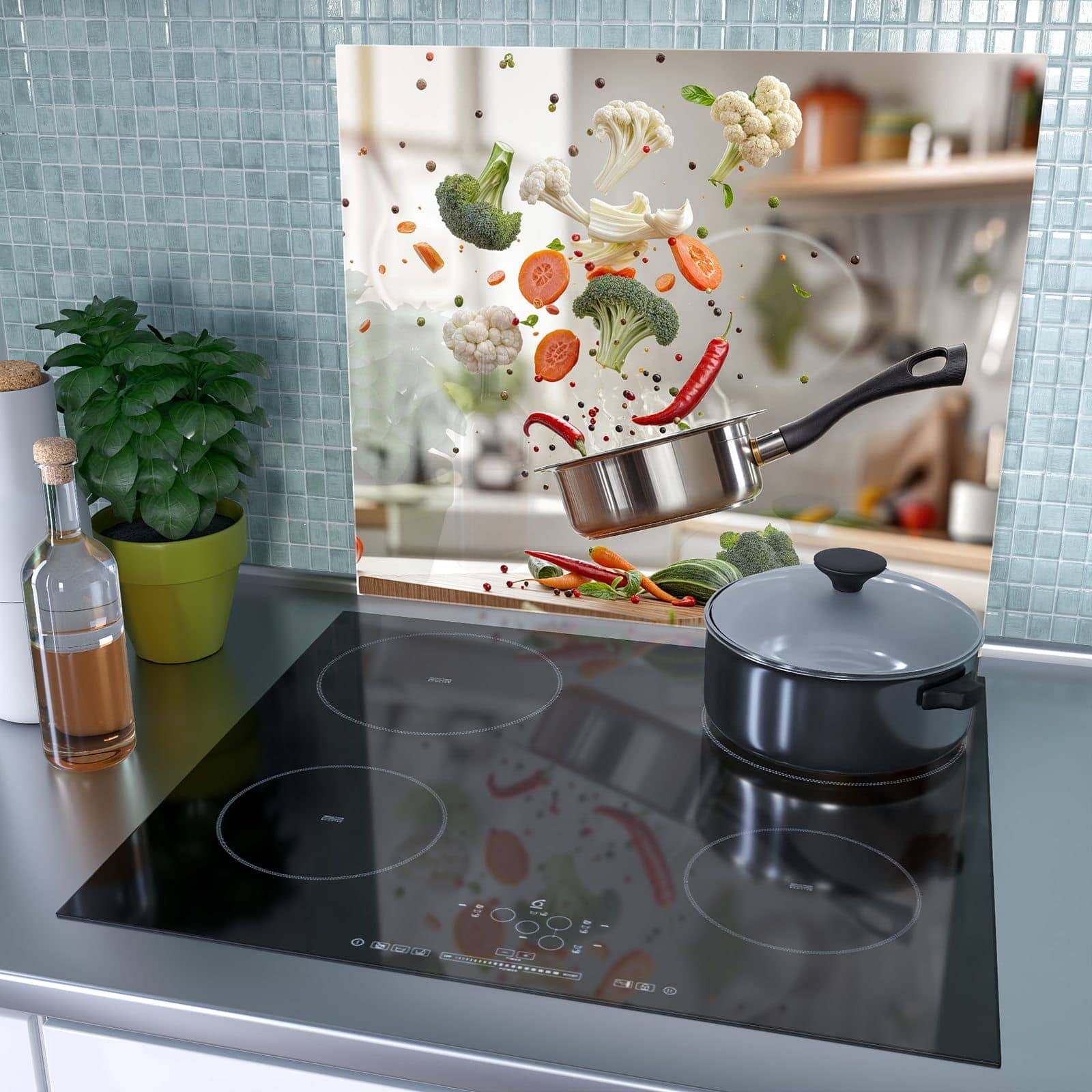 1-teilige Glasplatte für Herd mit Kochen Mit Gemüse-Motiv als Spritzschutz hinter dem Kochfeld