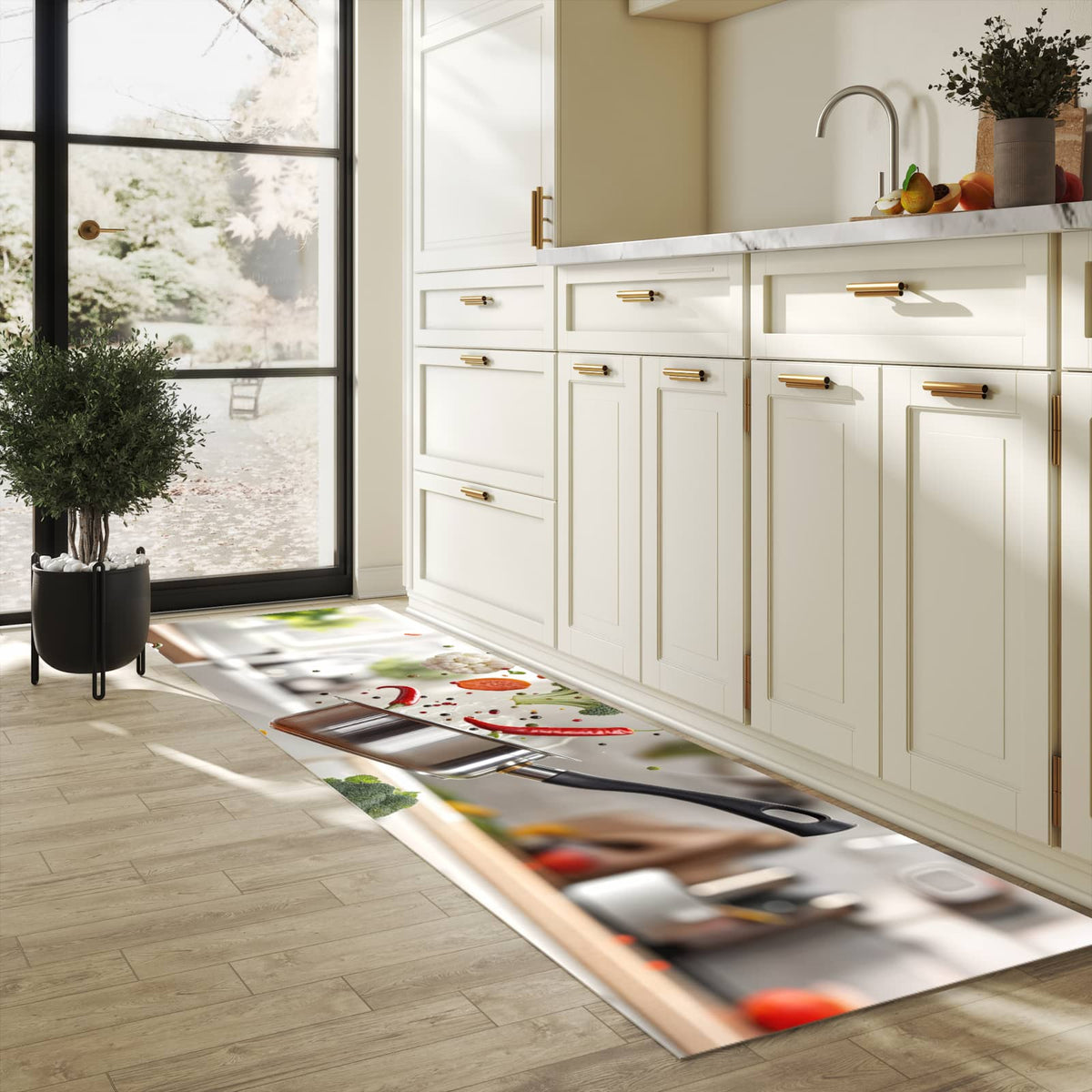 Feuchtigkeitsresistenter Küchenteppich mit Motiv Kochen Mit Gemüse in heller Küche