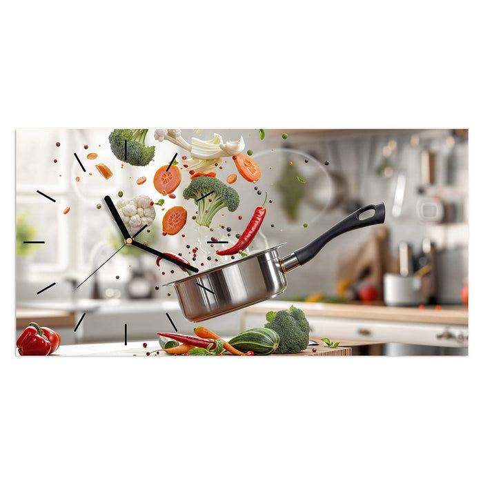 Wanduhr Kochen Mit Gemüse aus Glas – Querformat 60 × 30 cm mit Ziffernblatt Linie
