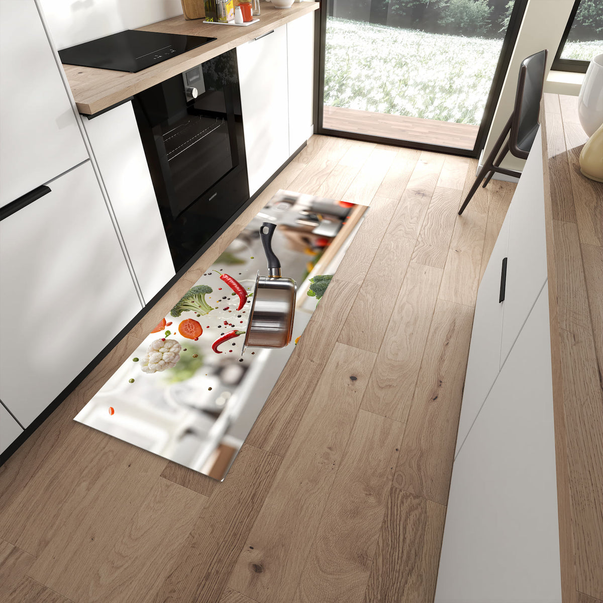 Waschbarer Küchenläufer mit Motiv Kochen Mit Gemüse in moderner Küche