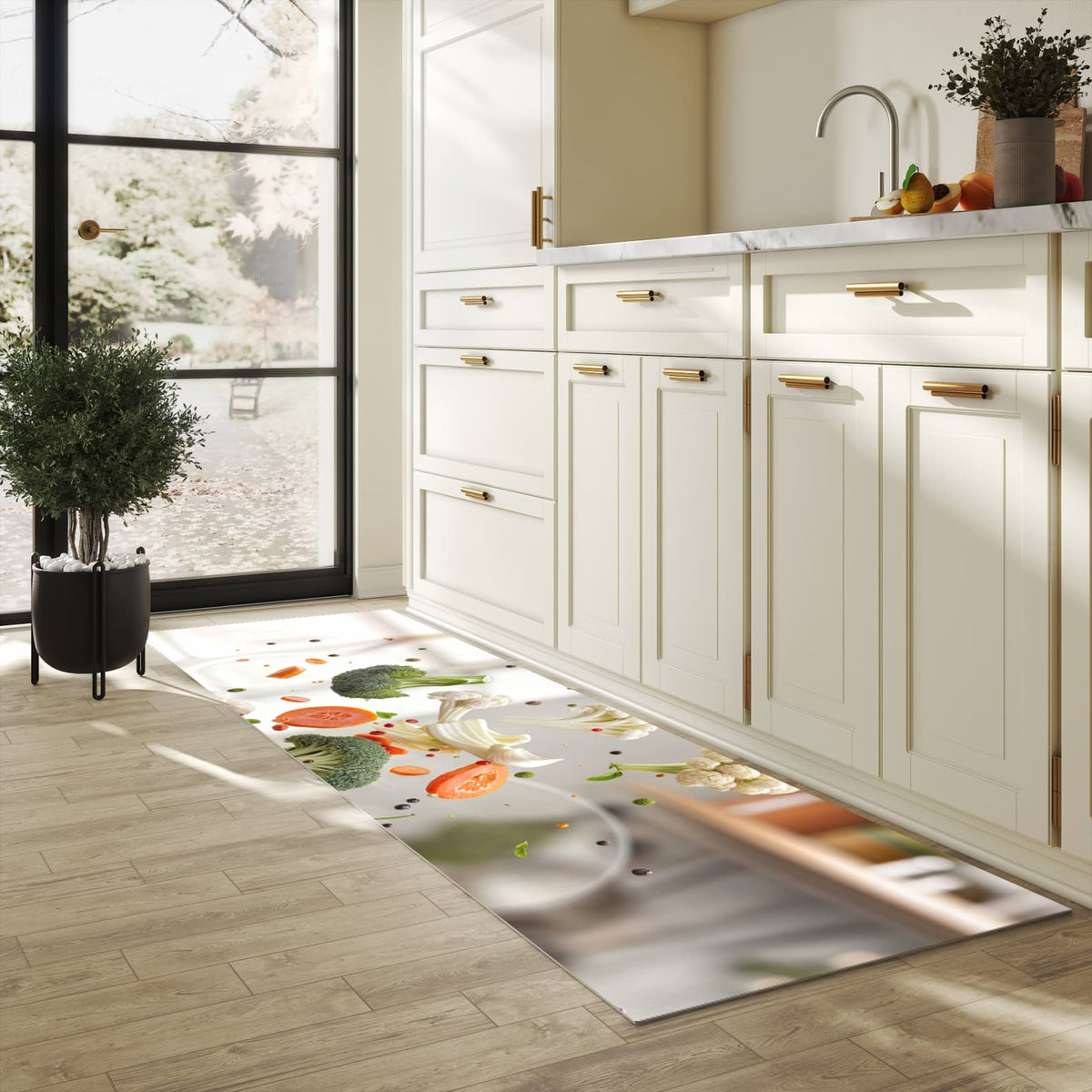 Rutschfester Küchenteppich mit Motiv Kochen Mit Gemüse in heller Küche