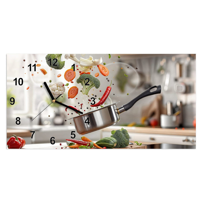 Wanduhr Kochen Mit Gemüse aus Glas – Querformat 60 × 30 cm mit Ziffernblatt Modern