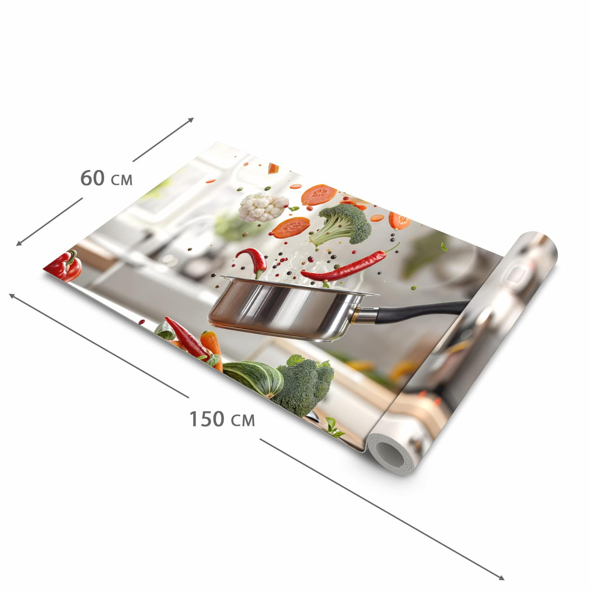Rutschfester Küchenteppich mit Motiv Kochen Mit Gemüse in der Größe 60x150 cm für Trittkomfort