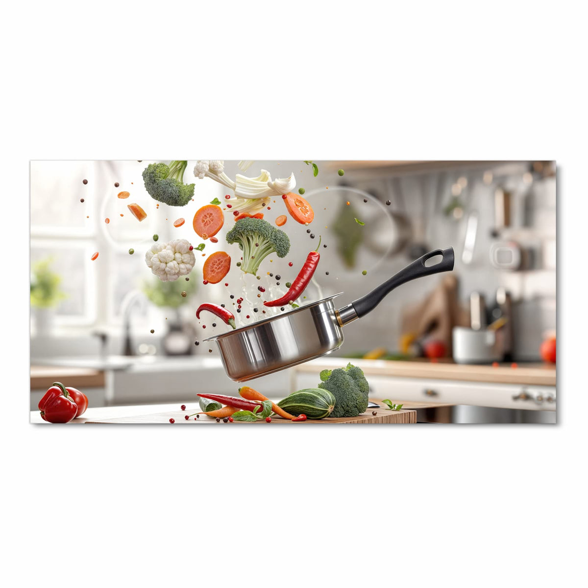 Waschbarer dünner Küchenteppich mit Motiv Kochen Mit Gemüse in Frontansicht für Ordnung