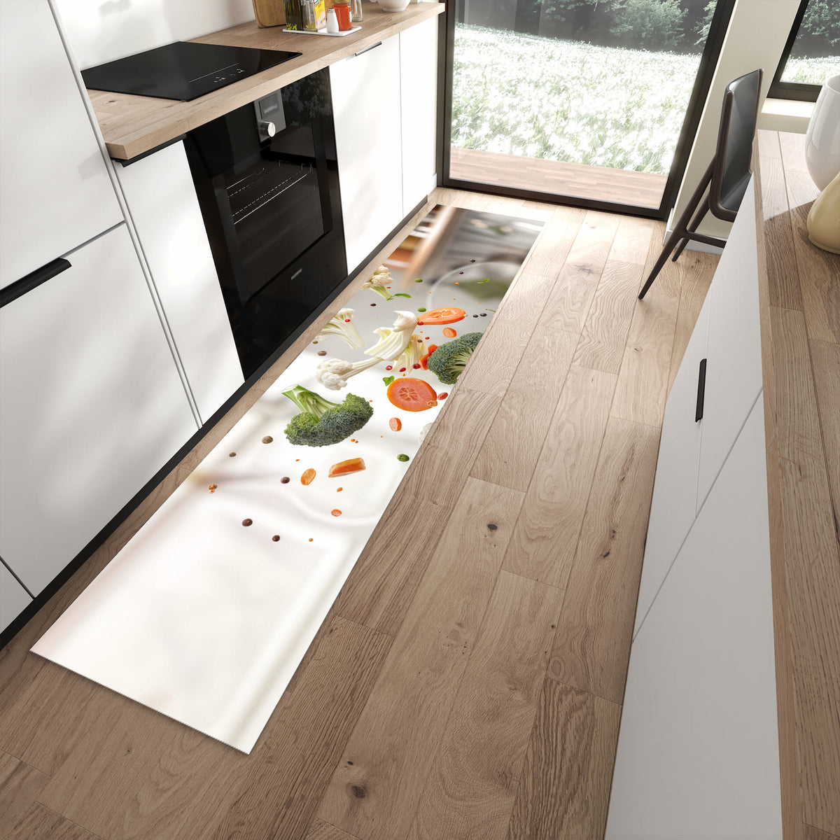 Rutschfester waschbarer Küchenläufer mit Motiv Kochen Mit Gemüse in moderner Küche