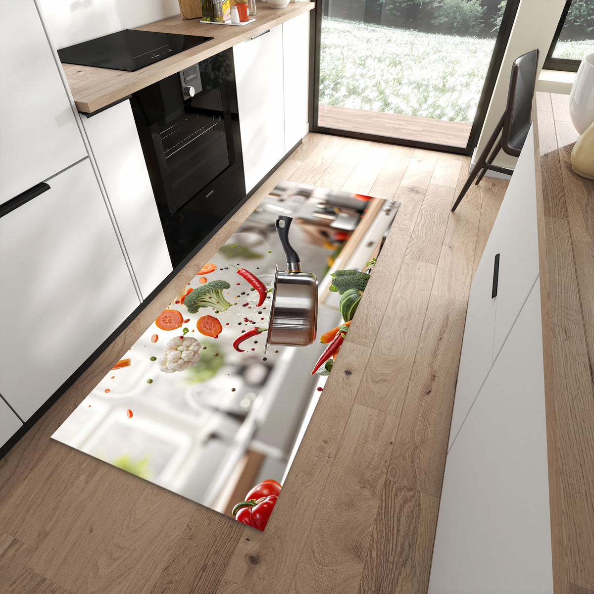 Küchenläufer mit Motiv Kochen Mit Gemüse für Ordnung im Eingangsbereich moderner Küche