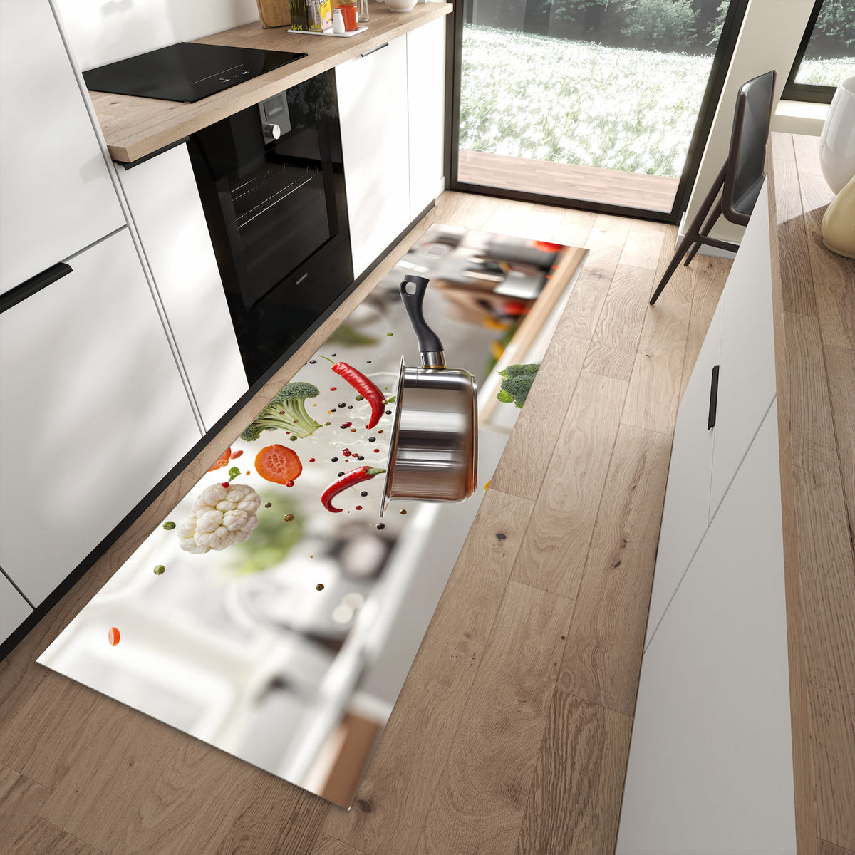 Bodenschonender rutschfester Läufer mit Motiv Kochen Mit Gemüse in moderner Küche
