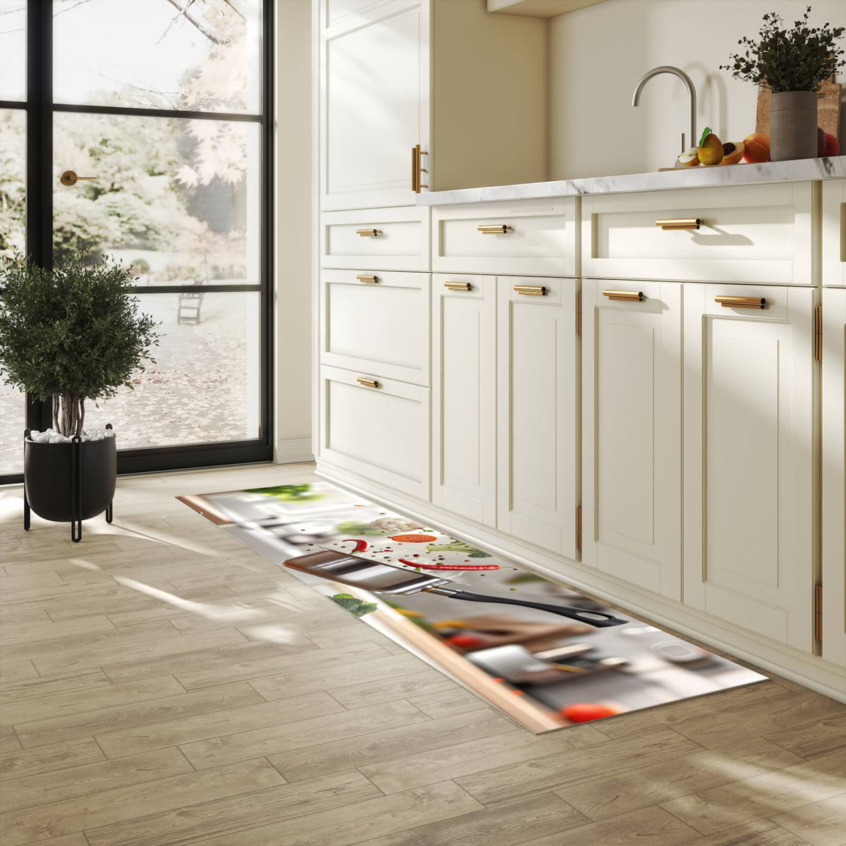 Abwaschbarer Küchenteppich mit Motiv Kochen Mit Gemüse in heller Küche