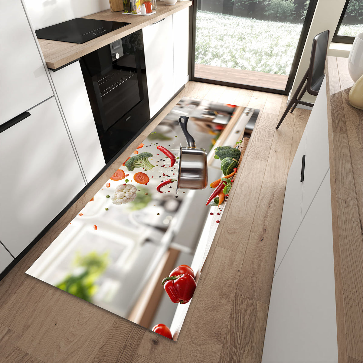 Waschbarer Teppich fürs Esszimmer mit Motiv Kochen Mit Gemüse in moderner Küche