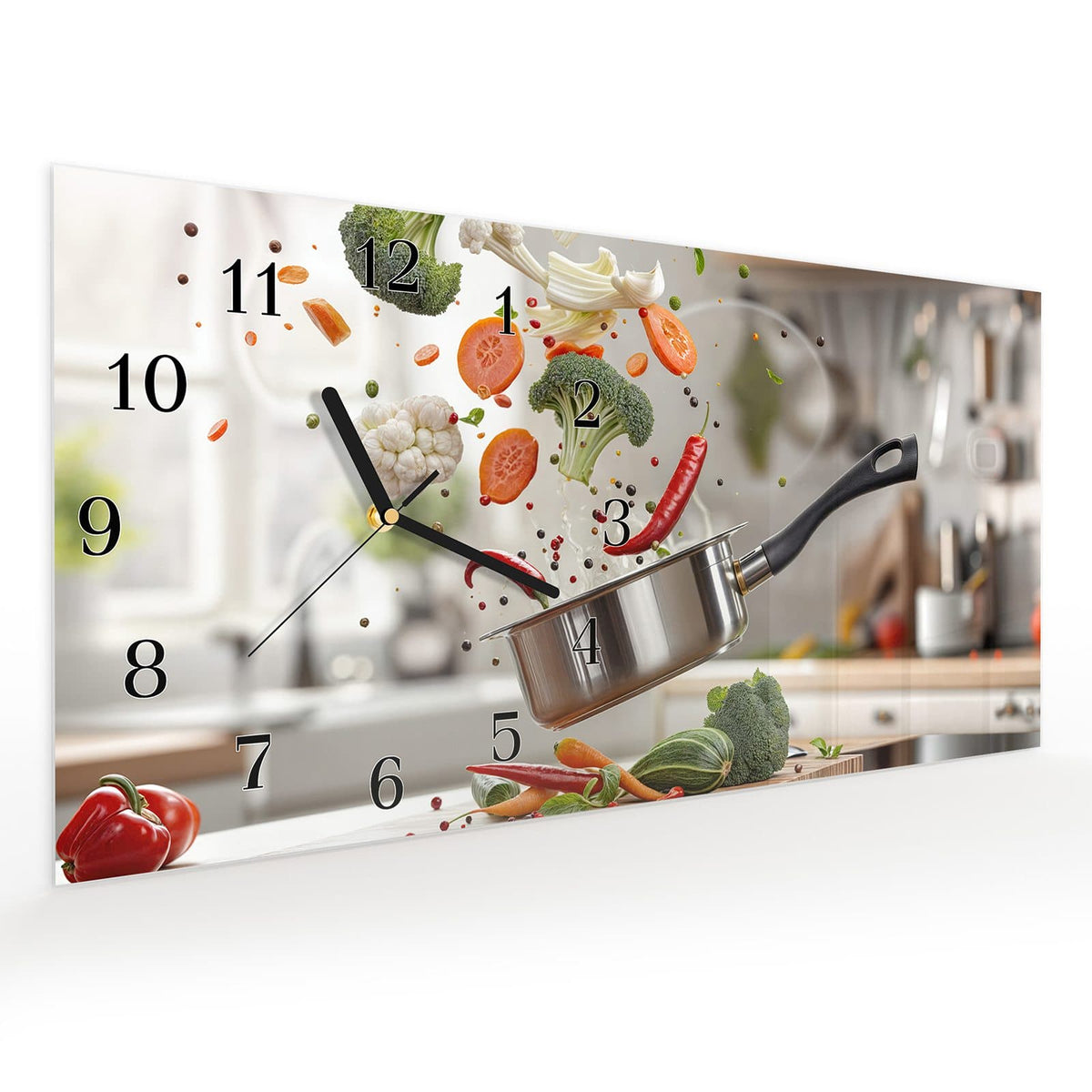 Vormontiert – mit Schwebeeffekt – Wanduhr Kochen Mit Gemüse aus Glas – Querformat 60 × 30 cm