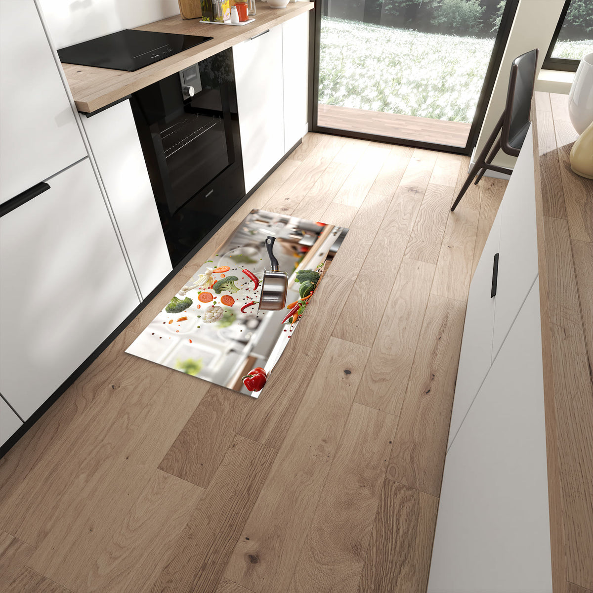 Hygienischer Küchenteppich mit Motiv Kochen Mit Gemüse in moderner Küche - waschbar #grösse_60 x 120 cm