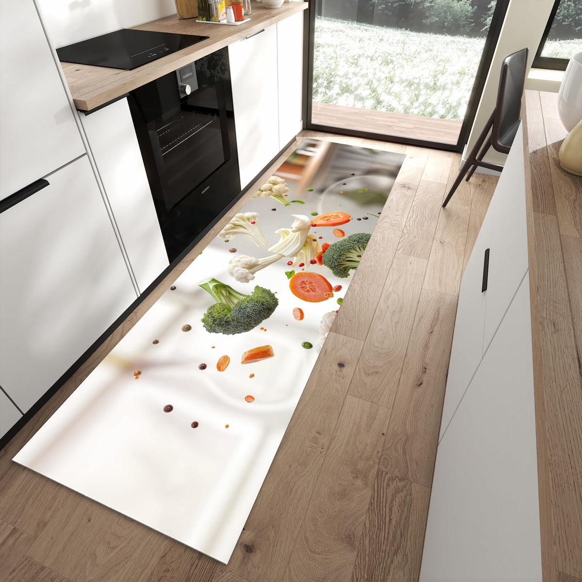 Farbbeständiger dünner Teppich mit Motiv Kochen Mit Gemüse in moderner Küche