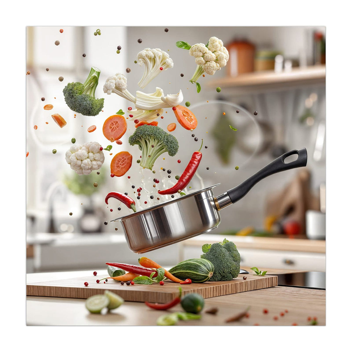 Küchenrückwand aus Glas Kochen mit Gemüse im quadratischen Format, Motiv bildfüllend von vorn #grösse_40 x 40 cm #grösse_50 x 50 cm #grösse_60 x 60 cm