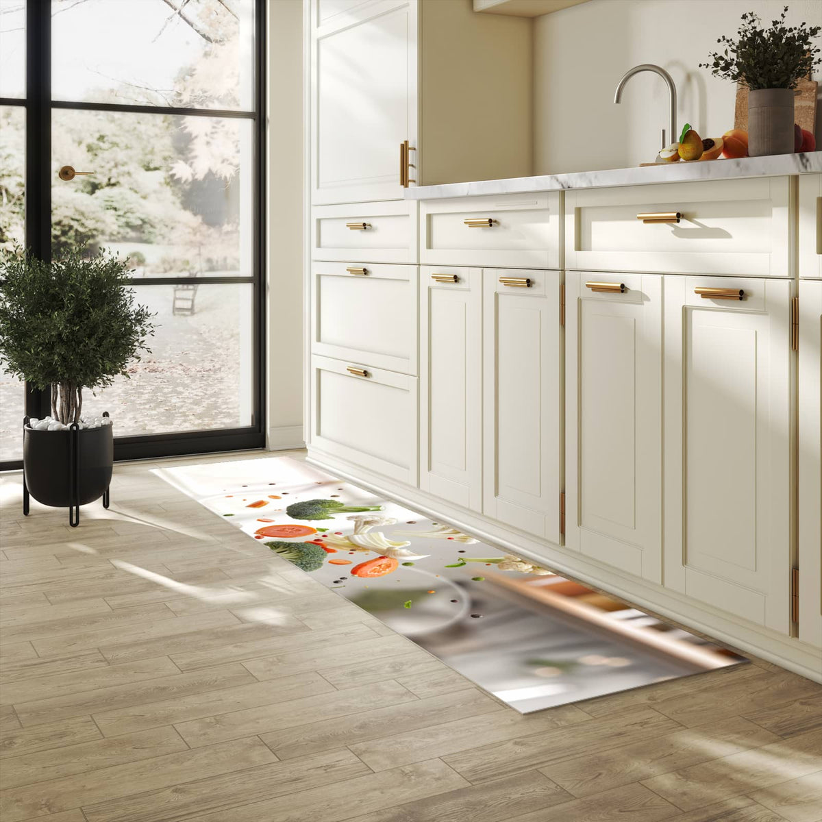 Komfortabler Küchenläufer mit Motiv Kochen Mit Gemüse in heller Küche