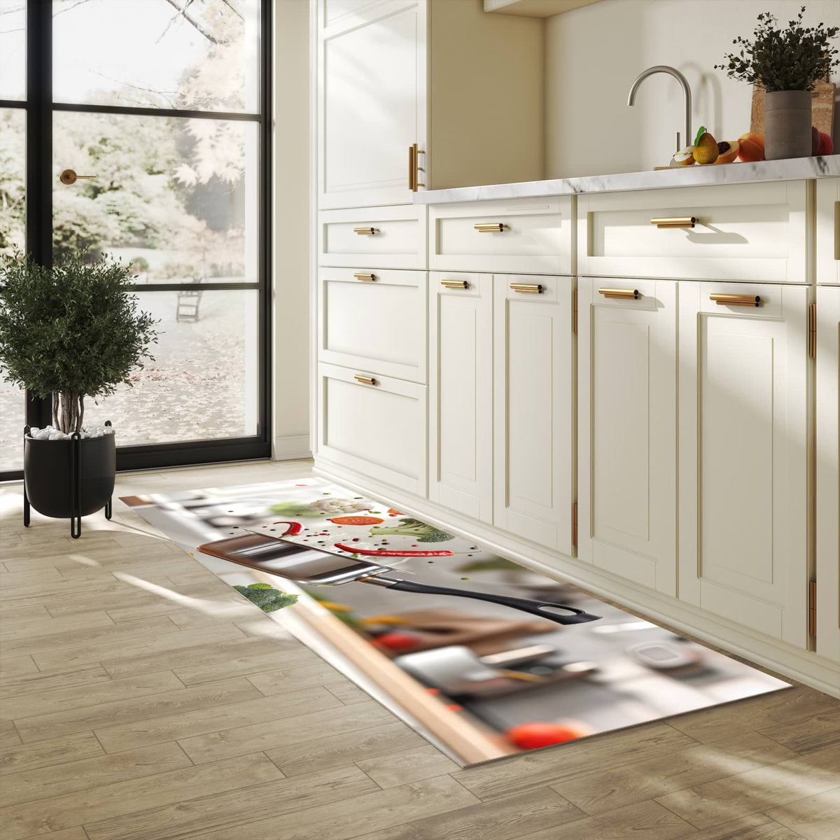 Langlebiger Teppich für die Küche mit Motiv Kochen Mit Gemüse in heller Küche