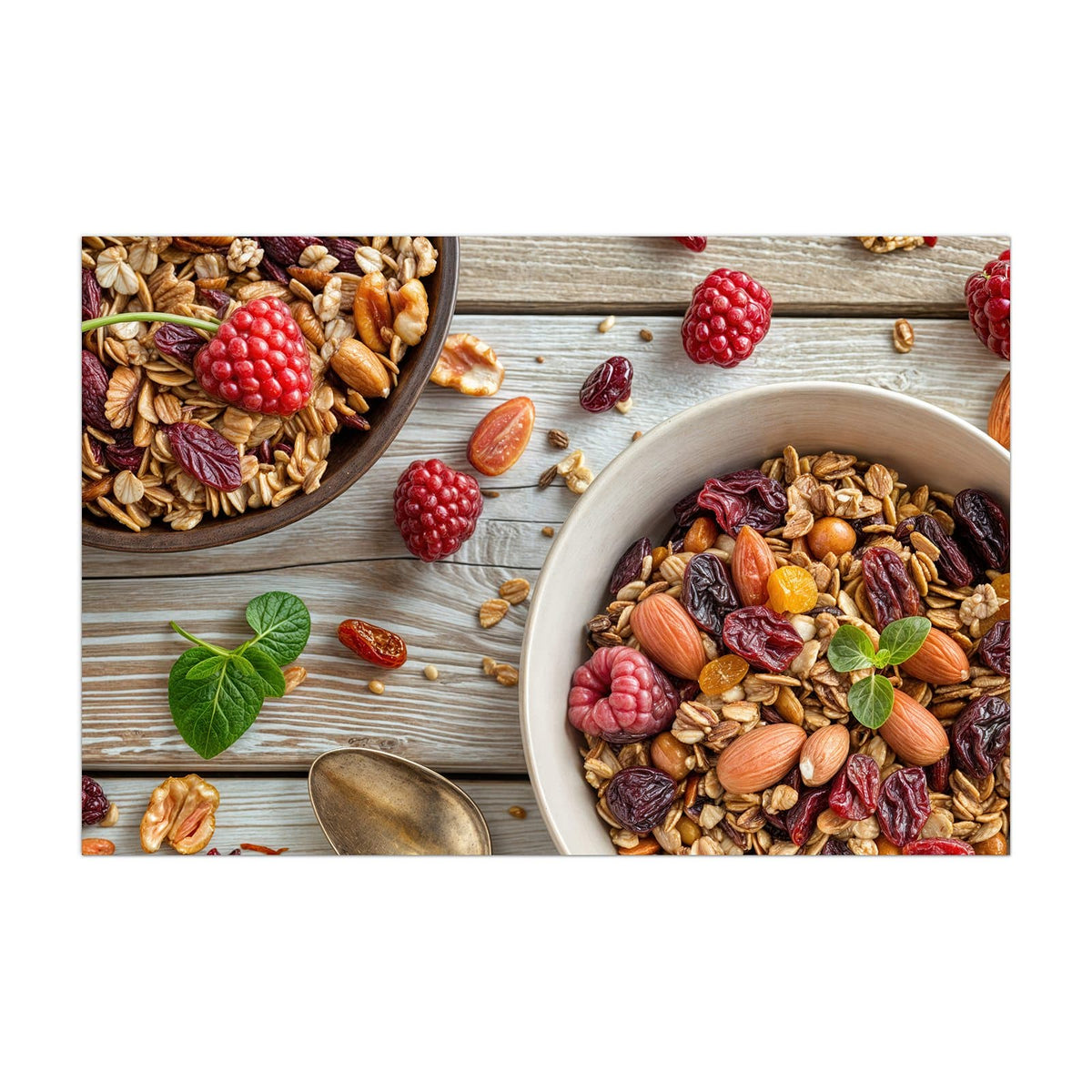 Küchenrückwand aus Glas Müsli mit Nüssen im Hochformat, Motiv bildfüllend von vorn