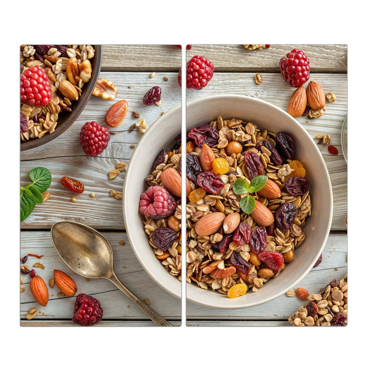 Schale mit Granola, Mandeln, Nüssen, Cranberrys und Rosinen auf hellem Holz, dazu Himbeeren, Löffel, Müsliriegel und ein Glas Tee.