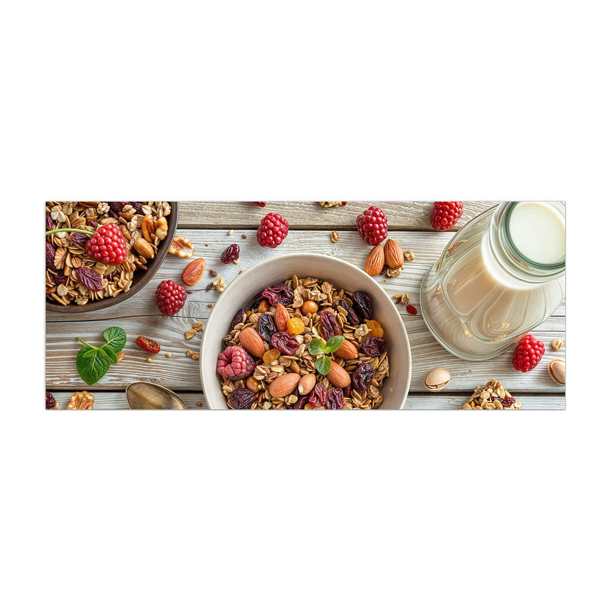 Küchenrückwand aus Glas Müsli mit Nüssen im Hochformat, Motiv bildfüllend von vorn