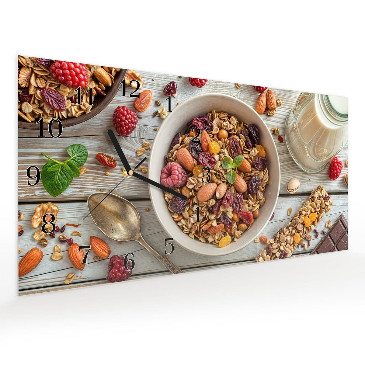Vormontiert – mit Schwebeeffekt – Wanduhr Luxuriöses Frühstück aus Glas – Querformat 60 × 30 cm