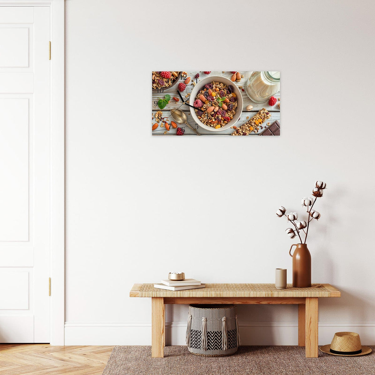Moderne Wanduhr aus Glas mit Farbtiefe – Wanduhr Luxuriöses Frühstück aus Glas – Querformat 60 × 30 cm