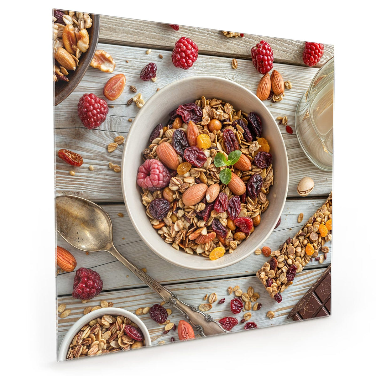 Küchenrückwand aus Glas im quadratischen Format: Schale mit Granola, Mandeln, Nüssen, Cranberrys und Rosinen auf hellem Holz, dazu Himbeeren, Löffel #grösse_40 x 40 cm #grösse_50 x 50 cm #grösse_60 x 60 cm