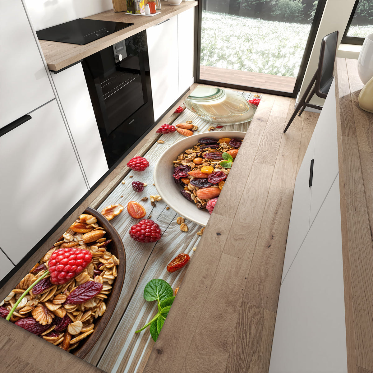Rutschfester Küchenläufer mit Motiv Frühstück Deluxe in moderner Küche