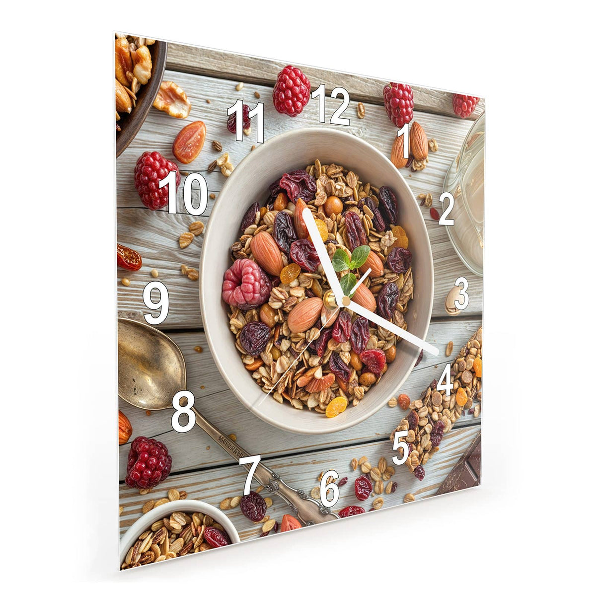 Vormontiert – mit Schwebeeffekt – Wanduhr Luxuriöses Frühstück aus Glas – Quadratisch 30 × 30 cm