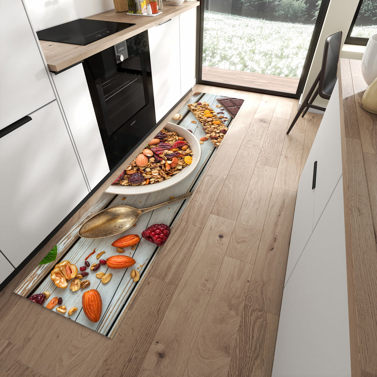 Schmutzabweisender Teppich für die Küche mit Motiv Frühstück Deluxe in moderner Küche